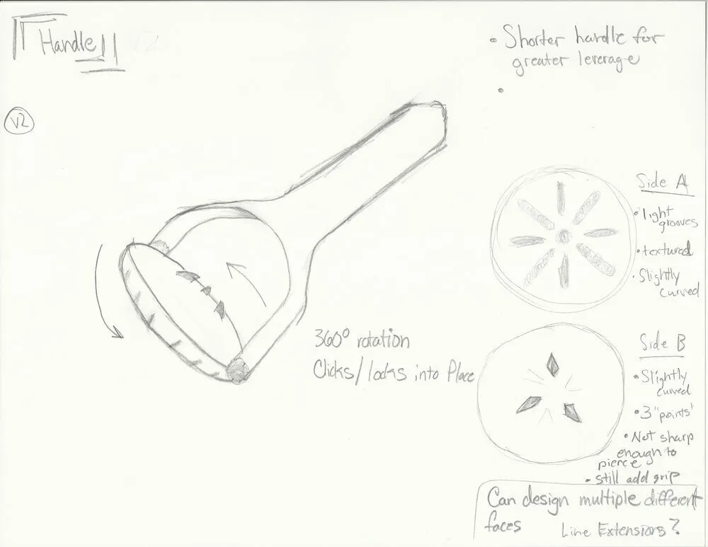 Pencil sketch of handle v2 with 360 degree rotation, side A and side B face details