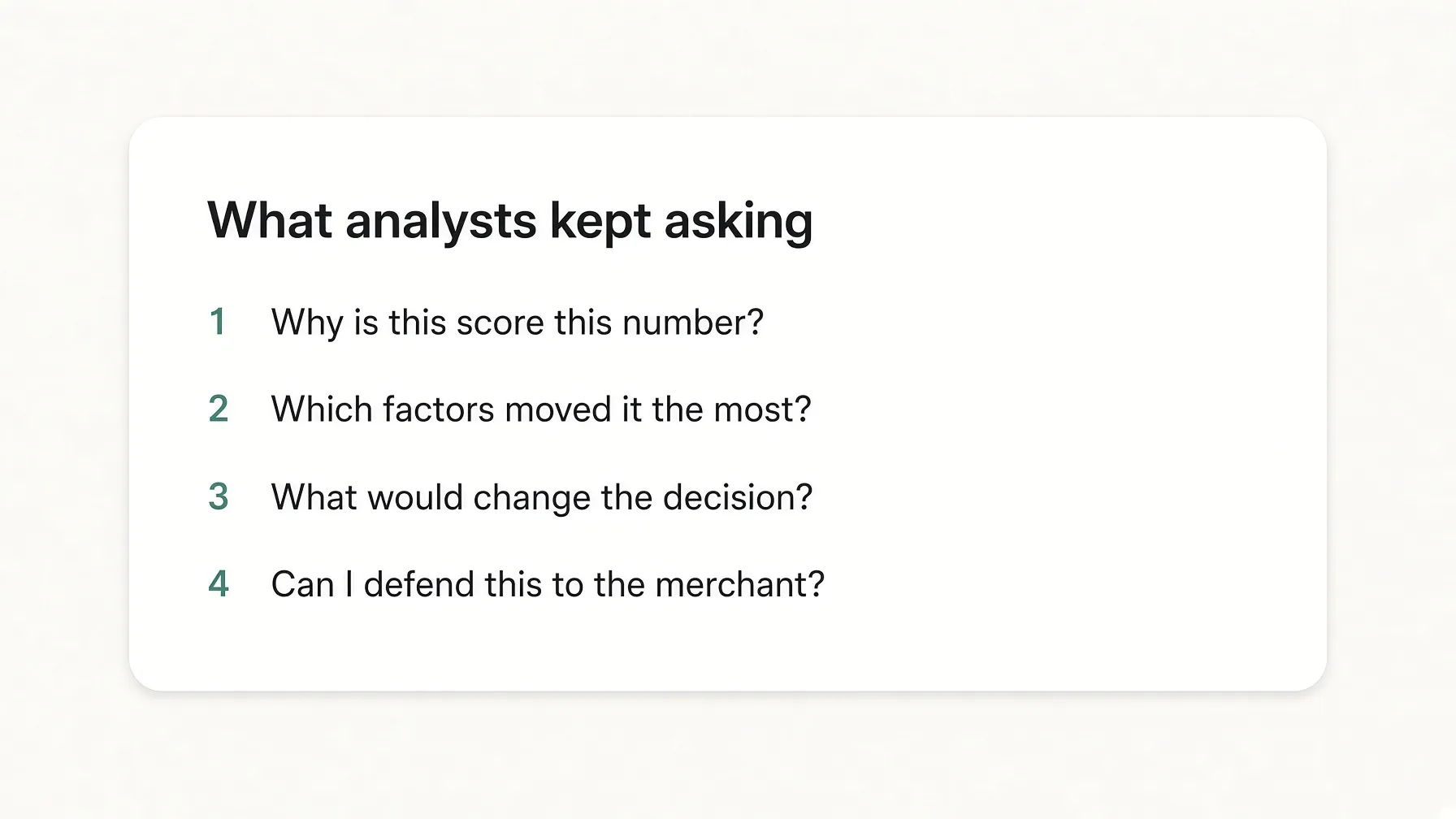 Research synthesis card showing the four questions analysts repeatedly asked about the trust score