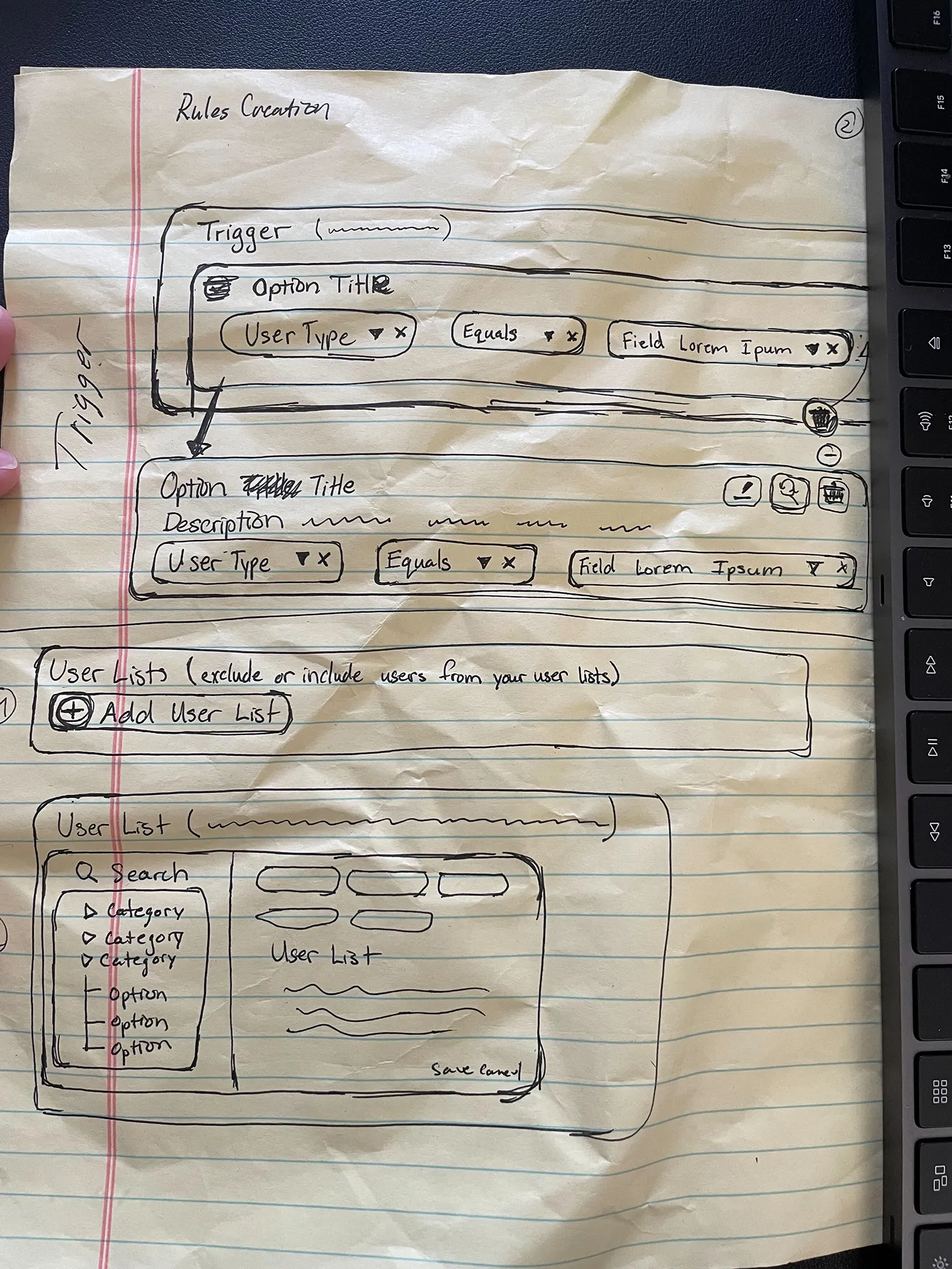 Hand-drawn paper wireframes exploring OR logic and nested policy structure