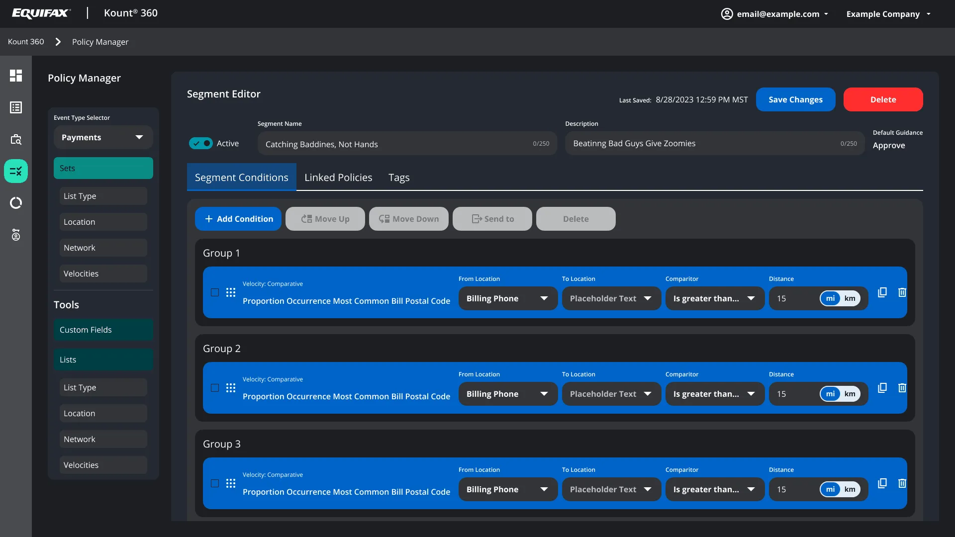 Segment editor in Kount 360 Policy Management showing conditions, tags, and linked segments