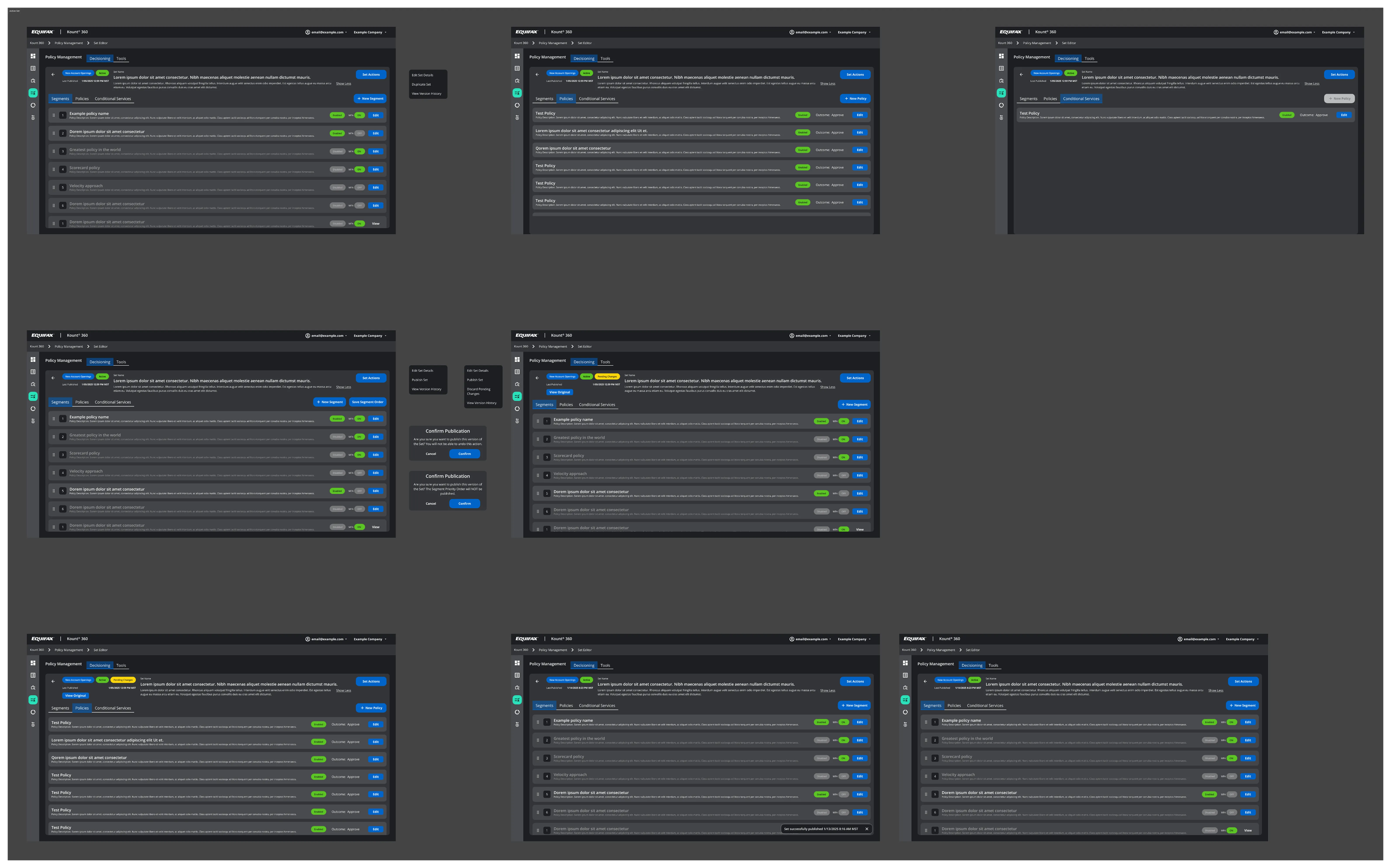 Policy Management set views showing the active set, pending changes, and publish path